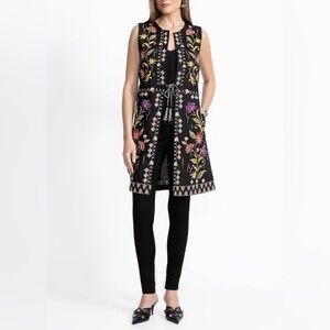 Johnny Was Calista Vest Linen Embroidered Black Floral Motif Size XS NWT